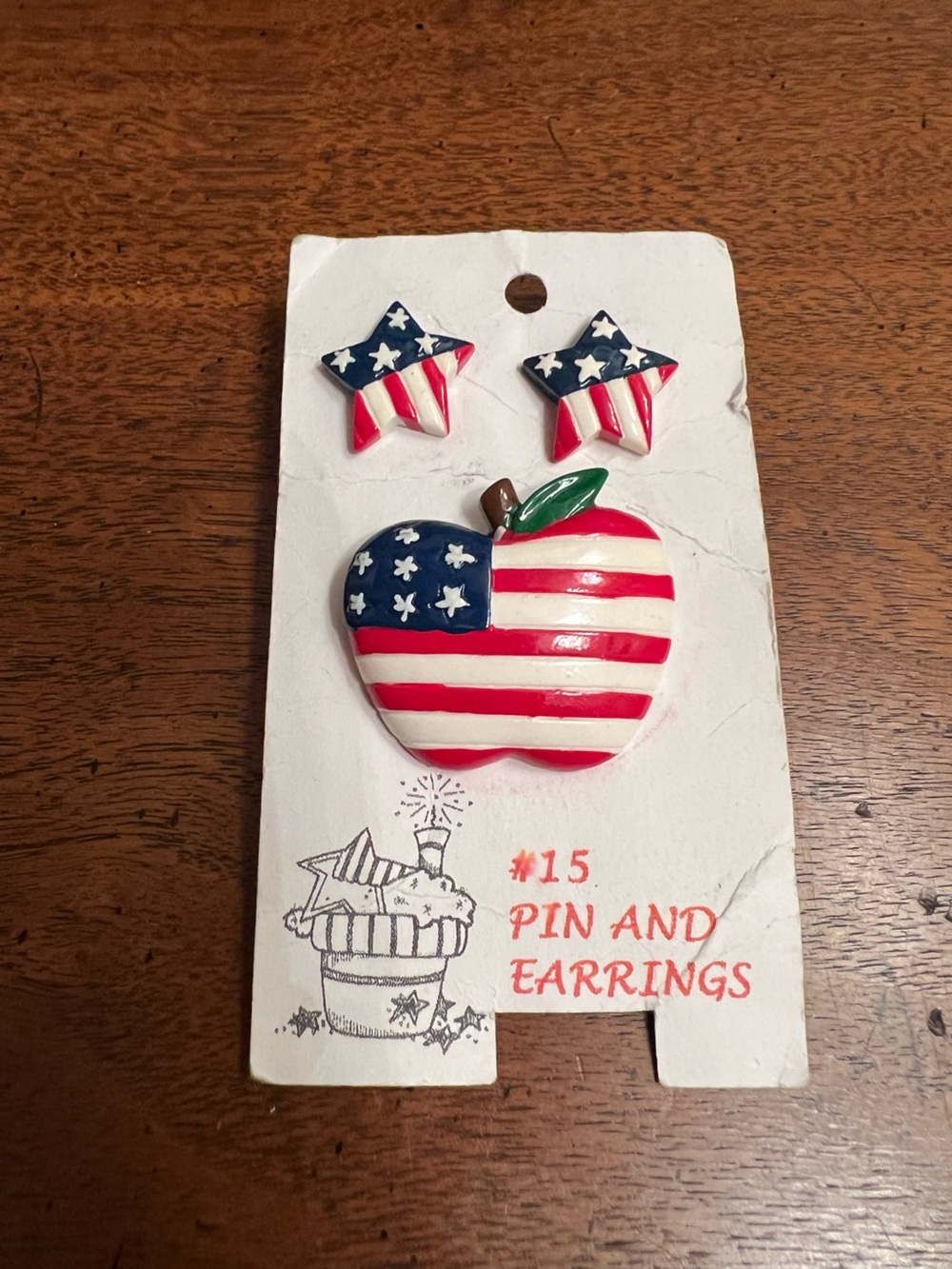 Vintage Patriotic Apple Pin & Star Stud Earrings - Red White Blue